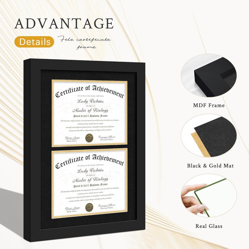 Picrit Double 8.5x11 Black Wood Diploma/Document Frame with Tempered Glass & Black over Gold Mat, and Display 14x20 Degree Certificate Frame without Mat for Wall, 1 pack - Image 4
